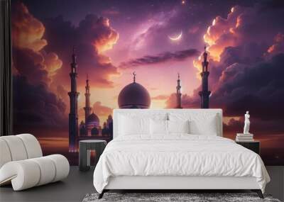 Beautiful View of the Mosque Under the Beauty of the Starry Night Sky and Crescent Moon Wall mural