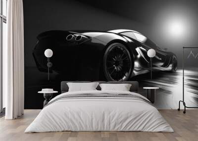 Black Sports Car with Chrome Wheels in a Studio Setting Wall mural