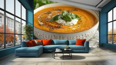 Close-up of a bowl of orange soup with cream, basil, and pepper Wall mural