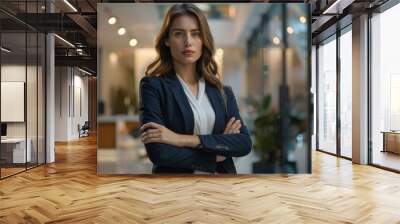 Confident Businesswoman Standing with Arms Crossed in Modern Office Wall mural