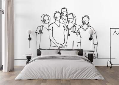 Continuous single line vector illustration of medical team in protective surgical mask Wall mural