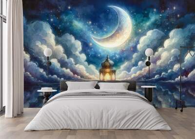 Crescent Moon over Reflective Waters with Lantern. Ramadan Kareem Design Concept Wall mural