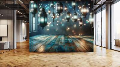 Empty dark wooden floor with a dark and softly glowing background in shades of turquoise and dark blue Wall mural