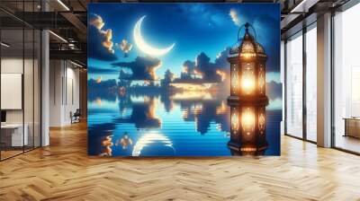 Ramadan decoration lantern with cloudy sky and beautiful crescent moon at night Wall mural