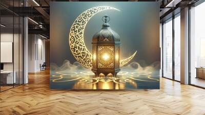 Ramadan lantern and golden crescent moon shining brightly isolated on dark background Wall mural