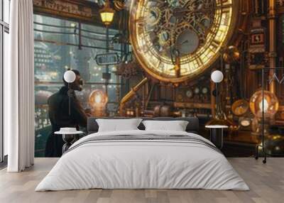 Steampunk Clockmaker's Workshop with a Man in a Gas Mask Wall mural