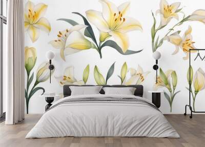 the yellow lily watercolor hand draw isolated on the white background. Generative AI Wall mural