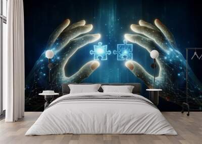 two digital hands connect two glowing puzzle pieces together Wall mural