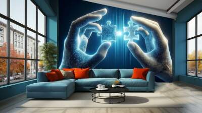 two digital hands connect two glowing puzzle pieces together Wall mural