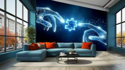 two digital hands connect two glowing puzzle pieces together Wall mural