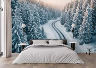 Winding Snow-Covered Road Through a Frosty Forest Wall mural