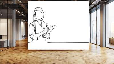 Young female medical staff taking a note. Continuous one line drawing Wall mural