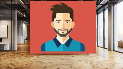 Flat Illustration of a Man with Brown Hair and Beard Wearing a Blue Shirt Wall mural