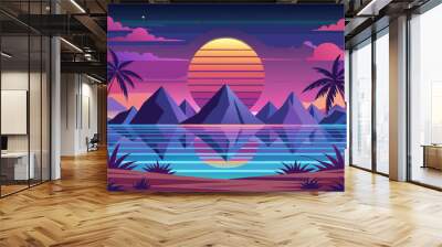 Retro Sunset Landscape with Palm Trees and Mountains Wall mural