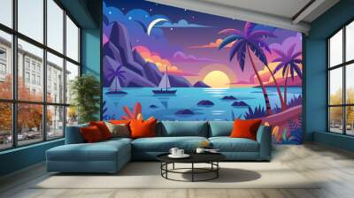 Sailboats Anchored in a Tropical Bay at Sunset Wall mural