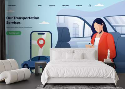 Business Woman Using Online Transportation Services Illustration Wall mural