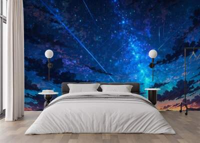 A magical star falls in magnificent night sky. Retro anime style with neon light. Wall mural