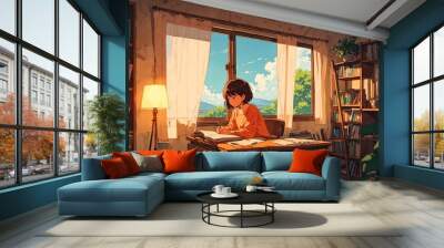 A smart girl studying and doing homework in her cozy room with beautiful window view. Wall mural