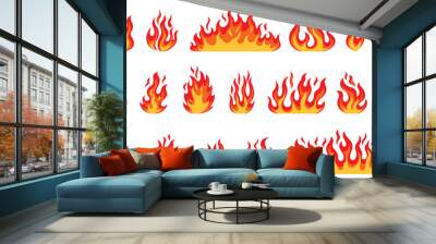 Fire flames, bright fireball, heat wildfire and red hot bonfire, campfire, red fiery flames isolated vector illustration set. Animated form and square, fireball and flame Wall mural