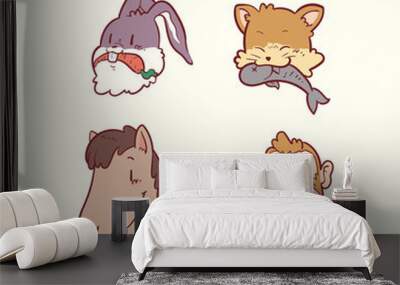 Set of cartoon animals eating Wall mural