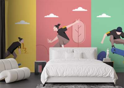 set of flat illustration of skateboarder, different style, vector illustration. Wall mural