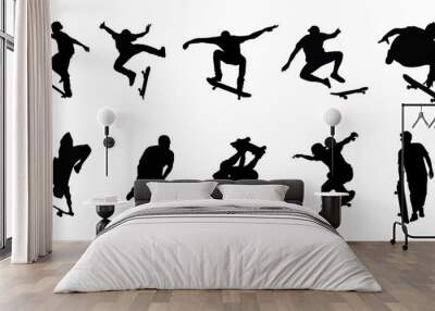 set of vector silhouettes of skateboarder, black color isolated on white background Wall mural