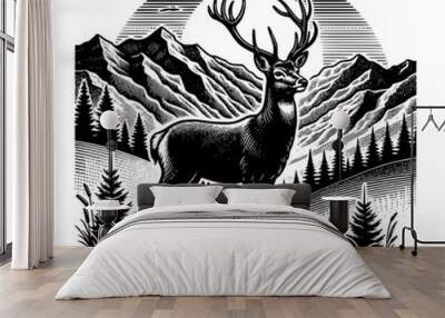 deer in wilderness field with mountain and forest background graphic t-shirt design vector illustration Wall mural