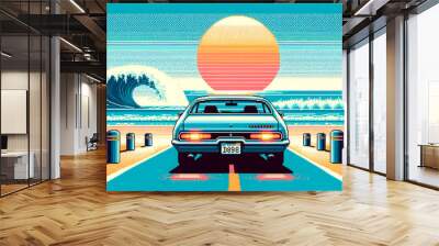 retro vintage car driving in road side near beach with sunset view pixel art background illustration Wall mural