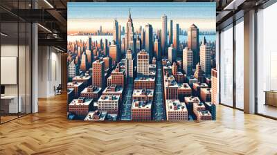 rooftop view of city panorama skyscraper architecture building pixel art background illustration Wall mural