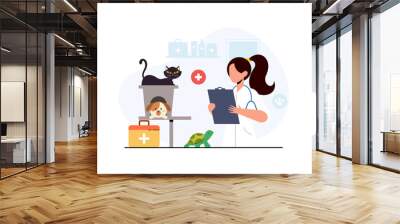 Pet veterinarian concept. Veterinary doctor checking and treating illustration Wall mural