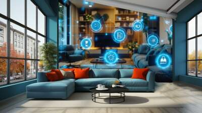 Advanced smart home interior featuring connected devices and floating digital icons for seamless technology integration Wall mural