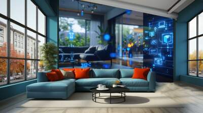 Futuristic smart home interior with connected devices and floating blue digital symbols for modern living Wall mural