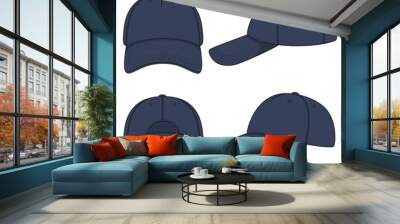 Set of color illustrations with a blue denim baseball cap. Isolated vector objects on white background. Wall mural