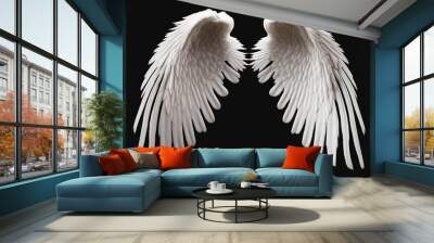 Isolated white angel wing black background realistic, Generative AI Wall mural