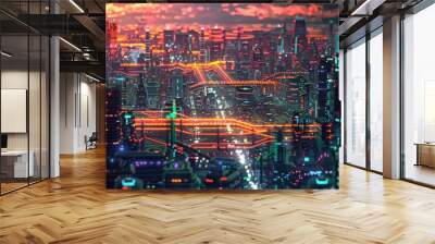 A cityscape with a bright orange sky and a city skyline Wall mural