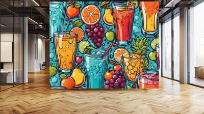 A colorful drink pattern with a variety of fruit and drinks Wall mural