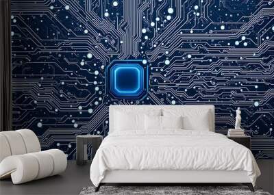 A computer chip is shown in a blue background with many wires and circuits Wall mural