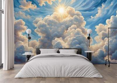 A painting of a cloudy sky with a sun shining through the clouds Wall mural