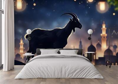 Goat silhouette against mosque. Eid Al Adha Mubarak the celebration of Muslim Wall mural