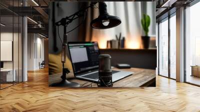 Home studio podcast interior. Microphone, laptop and on air lamp on the table, close-up Wall mural