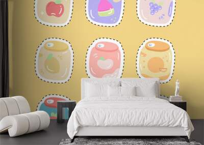 Collection of cute fruit jam jar sticker icon doodle vector illustrations Wall mural