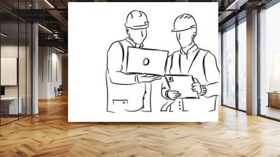 Two engineers constraction working together with tools, hand drawn line drawing vector illustration Wall mural