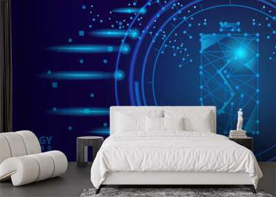 Digital battery technology design background on blue Wall mural