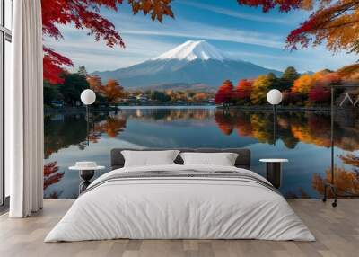 Colorful Autumn Season and Mountain Fuji with morning fog and red leaves at lake Kawaguchiko is one of the best places in Japan. Wall mural