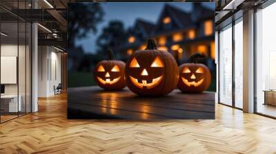 pumpkin lantern with blurred background of house terrace at night for halloween decoration. ai gener Wall mural