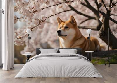 Shiba Inu dog sitting under sakura tree or cherry blossom tree in Japanese garden in afternoon. Generative AI. Wall mural