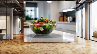 Vegetable salad bowl in white kitchen table with blurred modern kitchen in background. AI Generative. Wall mural