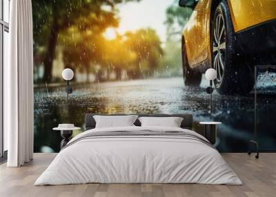 Autumn Spring travel concept highlighting driving safety Close up view of car wheels with rain tires on a wet road during daylight emphasizing danger and traffic law awareness Wall mural