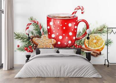 Christmas greeting card featuring a red mug with polka dots gingerbread cookie candy cane berries conifer twigs cinnamon and orange in a watercolor style isolated on white Wall mural