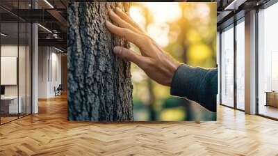 Close up of a man s hand gently touching the bark of a tree symbolizing environmental care and the concept of nature conservation and love for the planet Wall mural